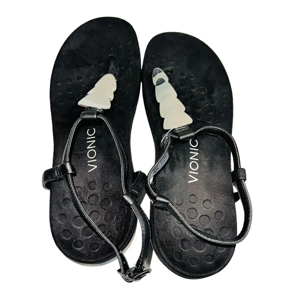 Vionic Orthaheel Miami Womens Leather T-Strap Sandals Slides Size 9 Black Silver